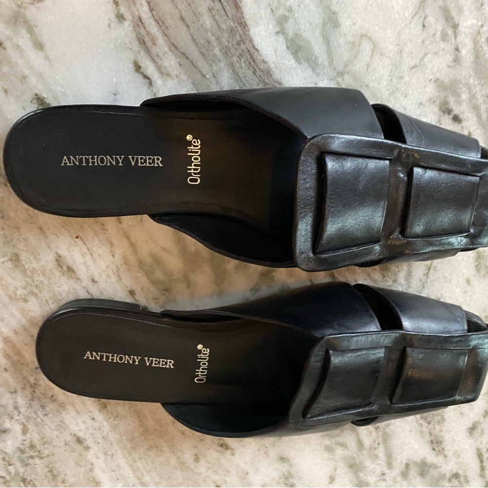 Anthony Veer Black Leather Slide Mules with Square Buckle - Picture 3 of 9